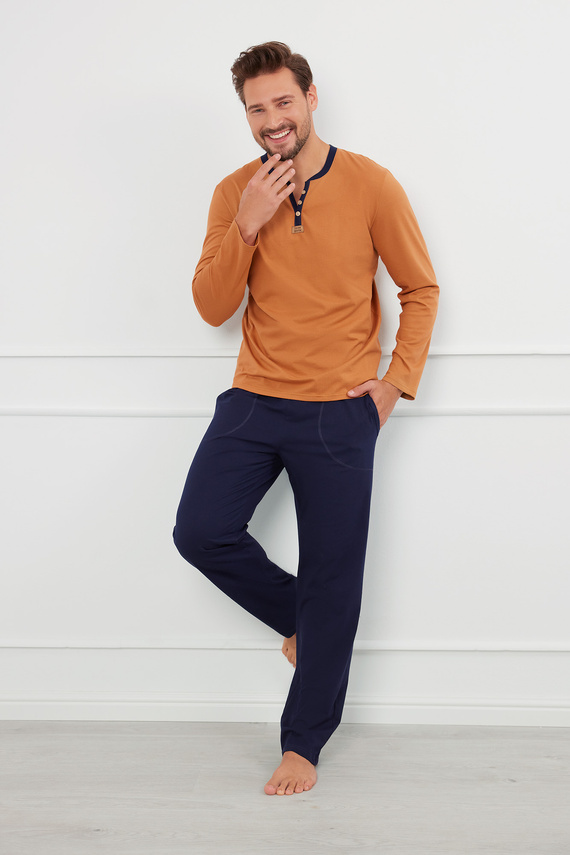 Julius Férfi hosszú ujjú pizsama, hosszú nadrág Olasz divat - konyak/zöld