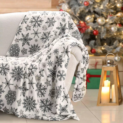 Eurofirany karácsonyi takaró fehér tengerészkék hópelyhek - puha mikroszálas ágytakaró, 240 g/m²