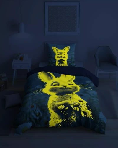 5548 A Fluo 95 Ágynemű sötétben világító nyuszi virágokkal 100% pamut | Gyermekeknek Detexpol