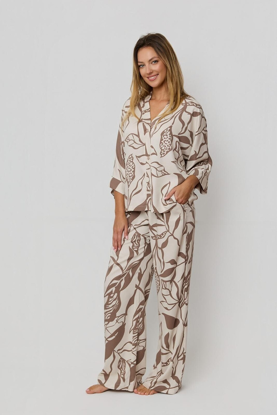 Női pizsama Luna PX63 Mefemi by Nipplex mocha- 100% Viszkóz, növényi nyomtatás, gombok, hosszú nadrág | Premium Comfort
