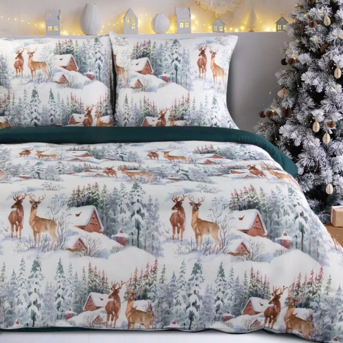 Tündérország karácsonyi ágynemű Eurofirany mikroszálas zöld téli tájképből - puha, könnyű és könnyen ápolható, cipzárral zárható