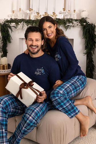 Férfi pizsama Regina 507 tengerészkék - pamut, hosszú, nyomtatott ing és kockás nadrág