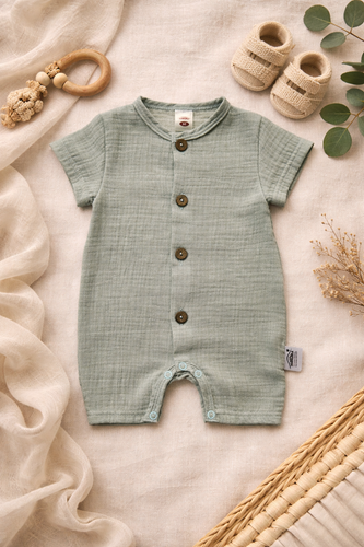Baby Rampers Just Muslin 02235RM Makoma menta 100% pamut muszlin, rövid ujjú, rövid ujjú