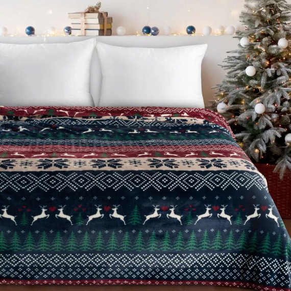 Eurofirany karácsonyi takaró tengerészkék piros skandináv mintával - puha mikroszálas ágytakaró, 240 g/m²
