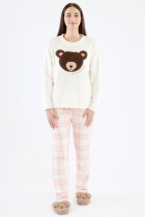 Madlen Női pizsama Sorbetto ecru - fleece, mackó hímzéssel és kockás nadrággal