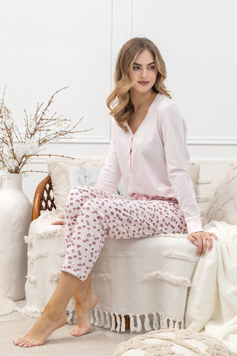 Női pizsama Laveza 1623 Grazyna - pamut, világos rózsaszín, hosszú ujjú, hosszú ujjú