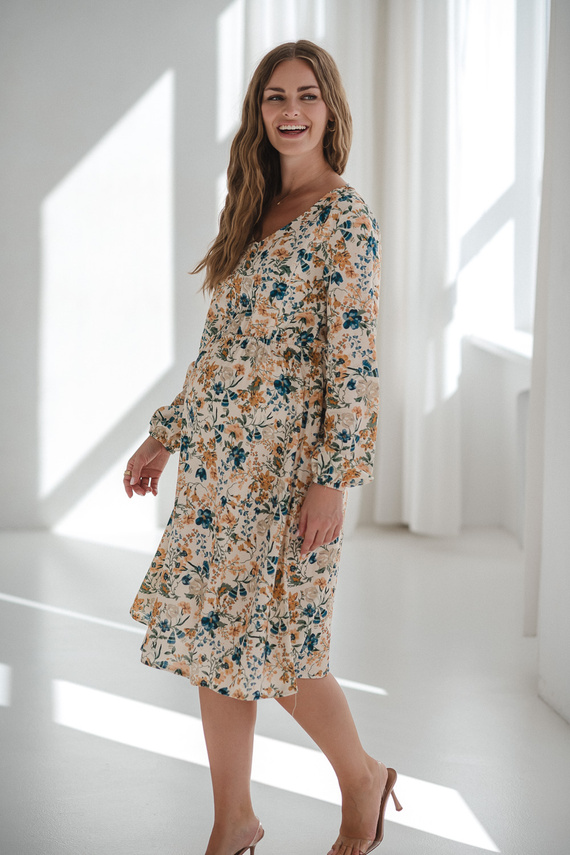 Lovely Dress Midi Milk&Love bézs virágos kismama és szoptatós ruha vászonból, elegáns szabás, szoptatós cipzárral