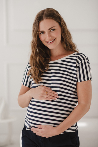 Two Ways Terhesség és szoptatás blúz | Rövidujjú, kényelmes Milk&Love sötétkék és fehér csíkos, rövid ujjú