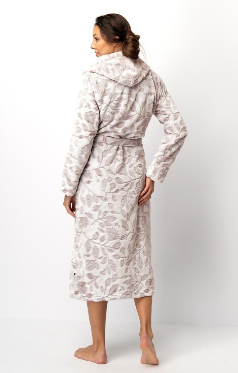 LGL 545 Key ecru-mocca női köntös - puha, kapucnival, derékban megkötve