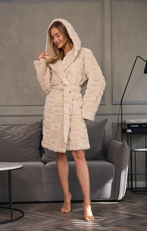 2553 Valentina L&L női rövid köntös kapucnival és zsebekkel - angóra