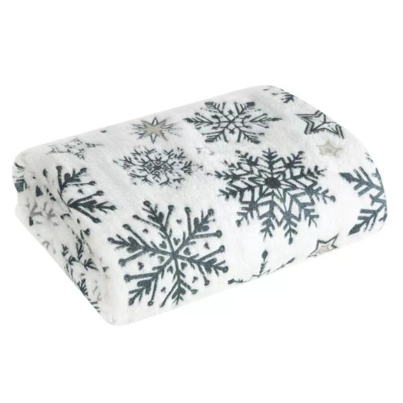 Eurofirany karácsonyi takaró fehér tengerészkék hópelyhek - puha mikroszálas ágytakaró, 240 g/m²