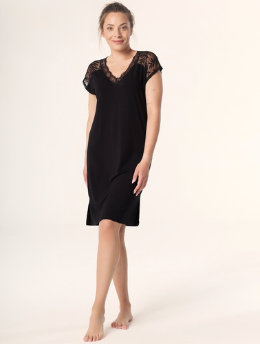 Hálóing Petra KB59 Mefemi Nipplex fekete - viszkóz, csipke, rövid ujjú, térd előtt, rövid ujjú, térd alá érő