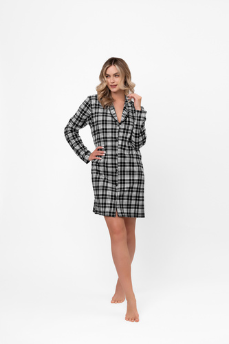Női hálóing Klara - hosszú ujjú, pamut, kockás, kigombolt Italian Fashion