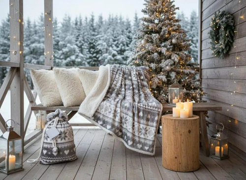 SACO karácsonyi takaró szürke - puha és meleg, norvég hópehely mintával, díszes zacskóban