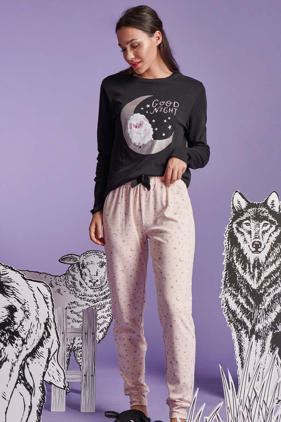 Shearly Női pizsama Sorbetto fekete - 100% pamut, 3D applikáció, húzózsinóros nadrág