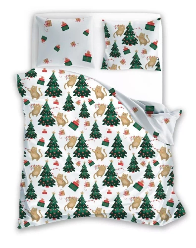 Holly Jolly 005 Faro karácsonyi ágynemű fehér zöld karácsonyfák - szatén mikroszálas, cipzáras szett