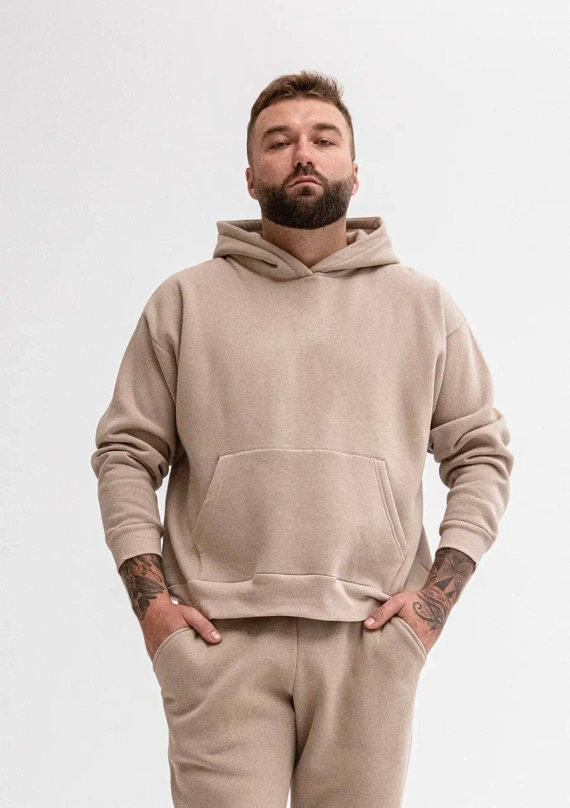 DK-K-B14 Férfi kapucnis pulóver cappuccino - pamut, kényelmes, sztreccs, alkalmi és sportos stílusban