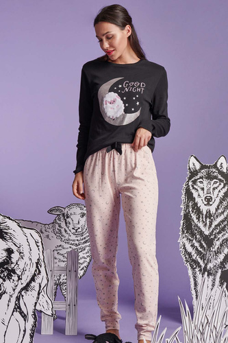 Shearly Női pizsama Sorbetto fekete - 100% pamut, 3D applikáció, húzózsinóros nadrág