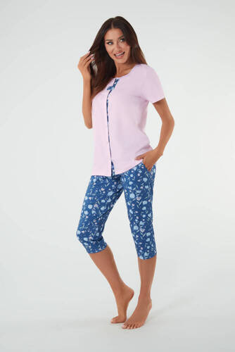 Hölgy pizsama rövid ujjú, 3/4 nadrág olasz divat rózsaszín/print