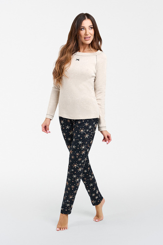 Denali női pizsama hosszú ujjú, hosszú nadrág olasz divat - bézs melange/print