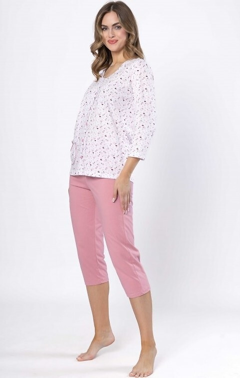 Női pizsama Dobrusia 1636 - rózsaszín pamut, 3/4-es ujjú, gombos, gombos