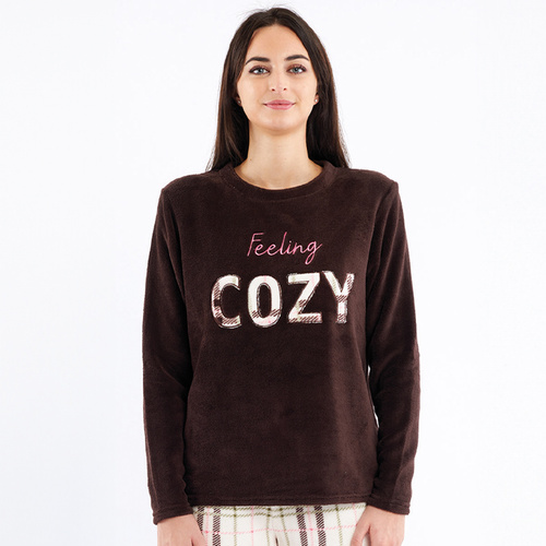 Liliana Sorbetto barna pizsama - meleg kockás gyapjú hímzéssel