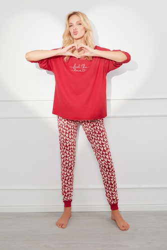 Evora Női pizsama hosszú ujjú, hosszú nadrág olasz divat - piros/print