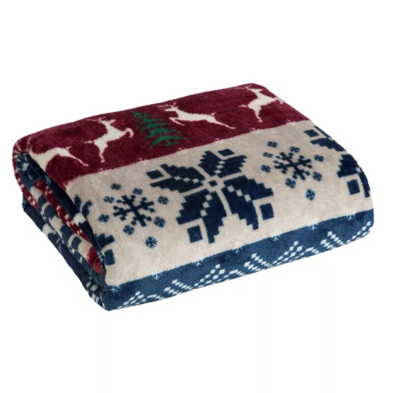 Eurofirany karácsonyi takaró tengerészkék piros skandináv mintával - puha mikroszálas ágytakaró, 240 g/m²