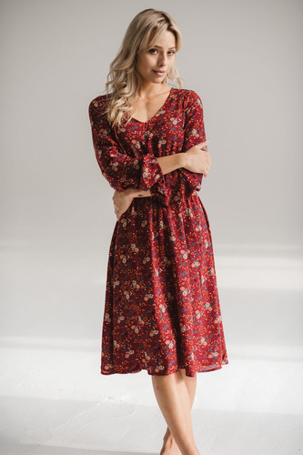 Lovely Dress Midi kismama és szoptatós ruha a Milk&Love-tól - bordó virágos, hosszú ujjú, hosszú ujjú