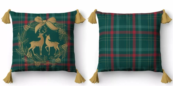 5380 A karácsonyi dekoratív díszpárnahuzat Detexpol rénszarvas koszorúban, kockás háttérrel - cipzár