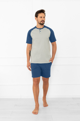 Férfi pizsama Alexander Italian Fashion - rövid ujjú és rövidnadrág, 100% pamut - szürke/jeans