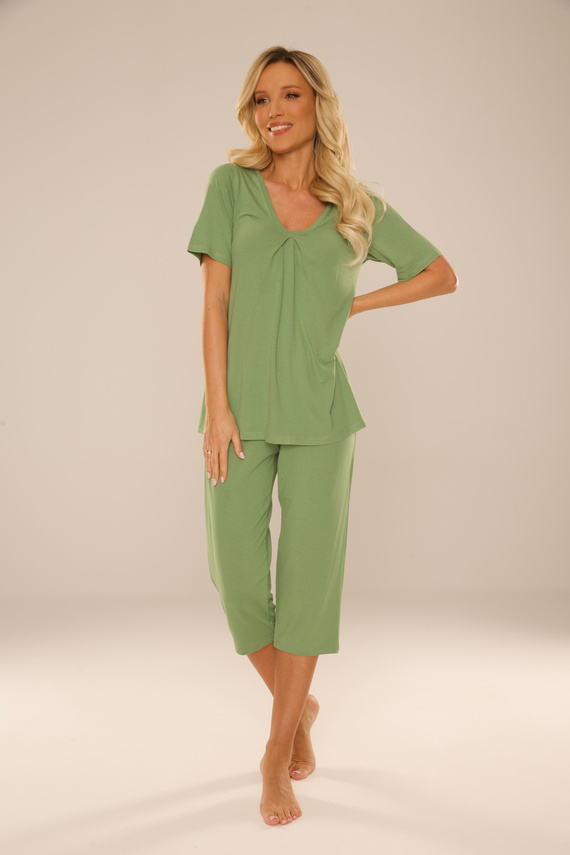 878 Dahlia Női pizsama De Lafense - viszkóz, rövid ujjú, 3/4 nadrág - zsálya