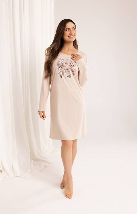 162 Pamut hálóing Regina bézs - hosszú ujjú, nyomtatott, térd alá érő