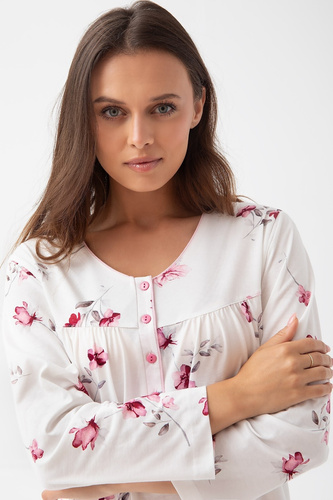 338 Luna ekrü színű hálóing - pamut, hosszú ujjú, gombos nyakkivágással