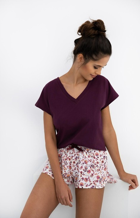 Marisol Sensis női pizsama - bordó ing, virágos rövidnadrág, 100% pamut