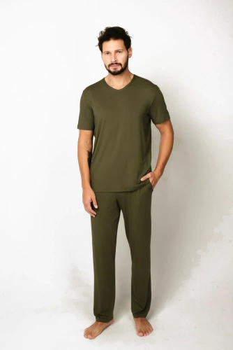 Dallas Férfi rövid ujjú pizsama, hosszú nadrág Italian Fashion- khaki színben