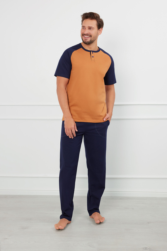 Alexander Férfi rövid ujjú pizsama, hosszú nadrág Italian Fashion - konyak/gránát