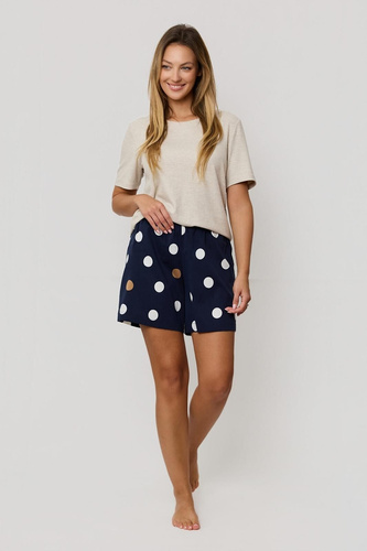 Női pizsama Mefemi by Nipplex Oceane bézs - bordázott viszkóz, póló és rövidnadrág borsóval