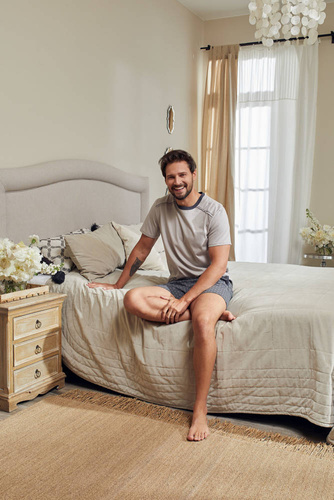 Abel Férfi rövid ujjú pizsama, rövidnadrág Olasz divat - bézs/print