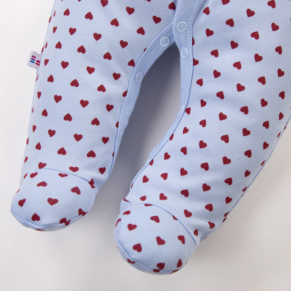 Love Eevi újszülött rugdalózó kék szívecskékkel 100% pamut, visszahajtható ujjakkal