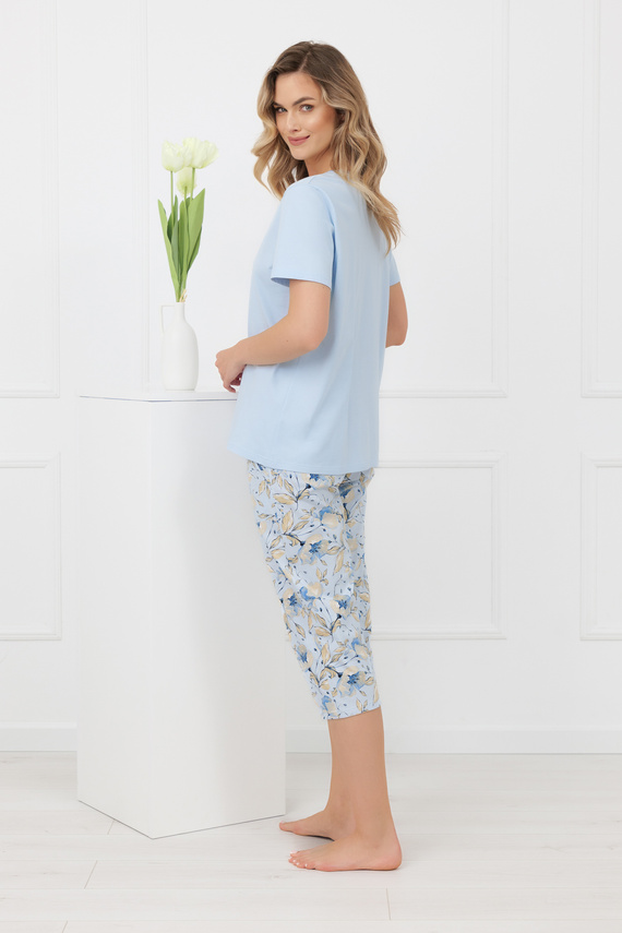 Női pizsama Celozja, 100% pamut, rövid ujjú, 3/4-es nadrág, virágmintás, masni