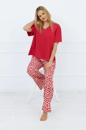 Evora Női rövid ujjú pizsama, hosszú nadrág Italian Fashion - sötétvörös/print