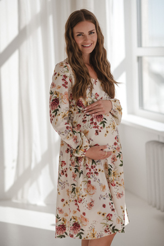 Lovely Dress Midi Milk&Love krémszínű virágos kismama és szoptatós ruha vászonból, elegáns szabás, szoptatós cipzárral