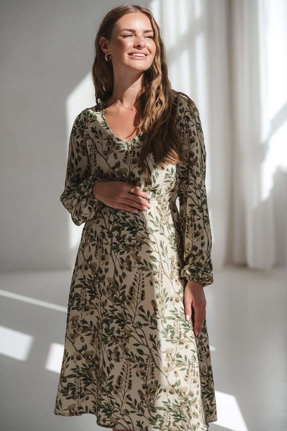 Lovely Dress Midi Milk&Love zöld virágokban - kismama és szoptatós ruha vászonból, elegáns szabás, szoptatós cipzárral