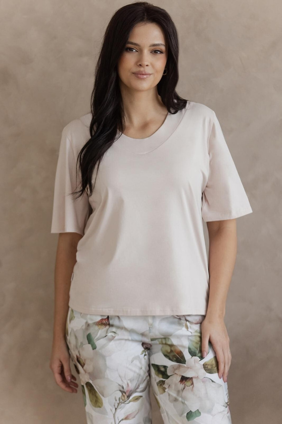 Pizsama 3567 Aphrodite Taro bézs - Női pamut pizsama virágos mintával, ujj 7/8