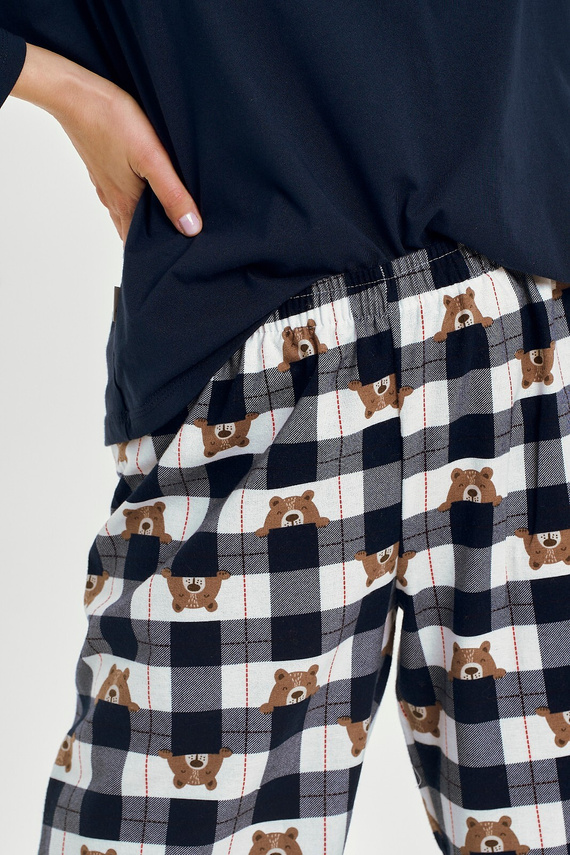 3441 Astrid női pamut pizsama Taro tengerészkék - hosszú ujjú, kockás flanell nadrág