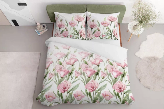 5328 A Pościel satynowa Różowe kwiaty na białym tle Detexpol