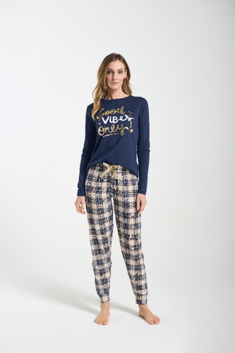 Bessy Női pizsama Sorbetto tengerészkék - trikó, arany mintás, kockás nadrág