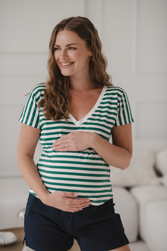 Two Ways Terhesség és szoptatás blúz | Rövid ujjú, kényelmes Milk&Love zöld és fehér csíkos, rövid ujjú