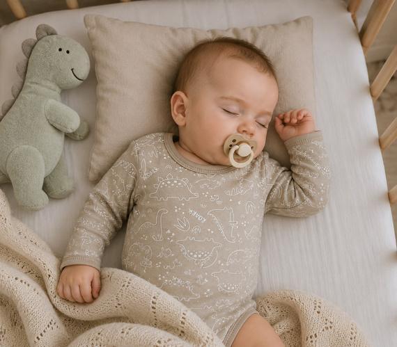 Body BK16526 Mamatti bézs színű, dinoszauruszos, pamut baba body